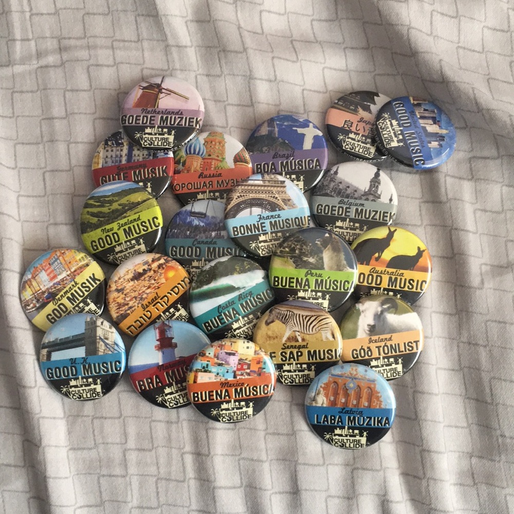 Set of pins from Culture Collide Festival